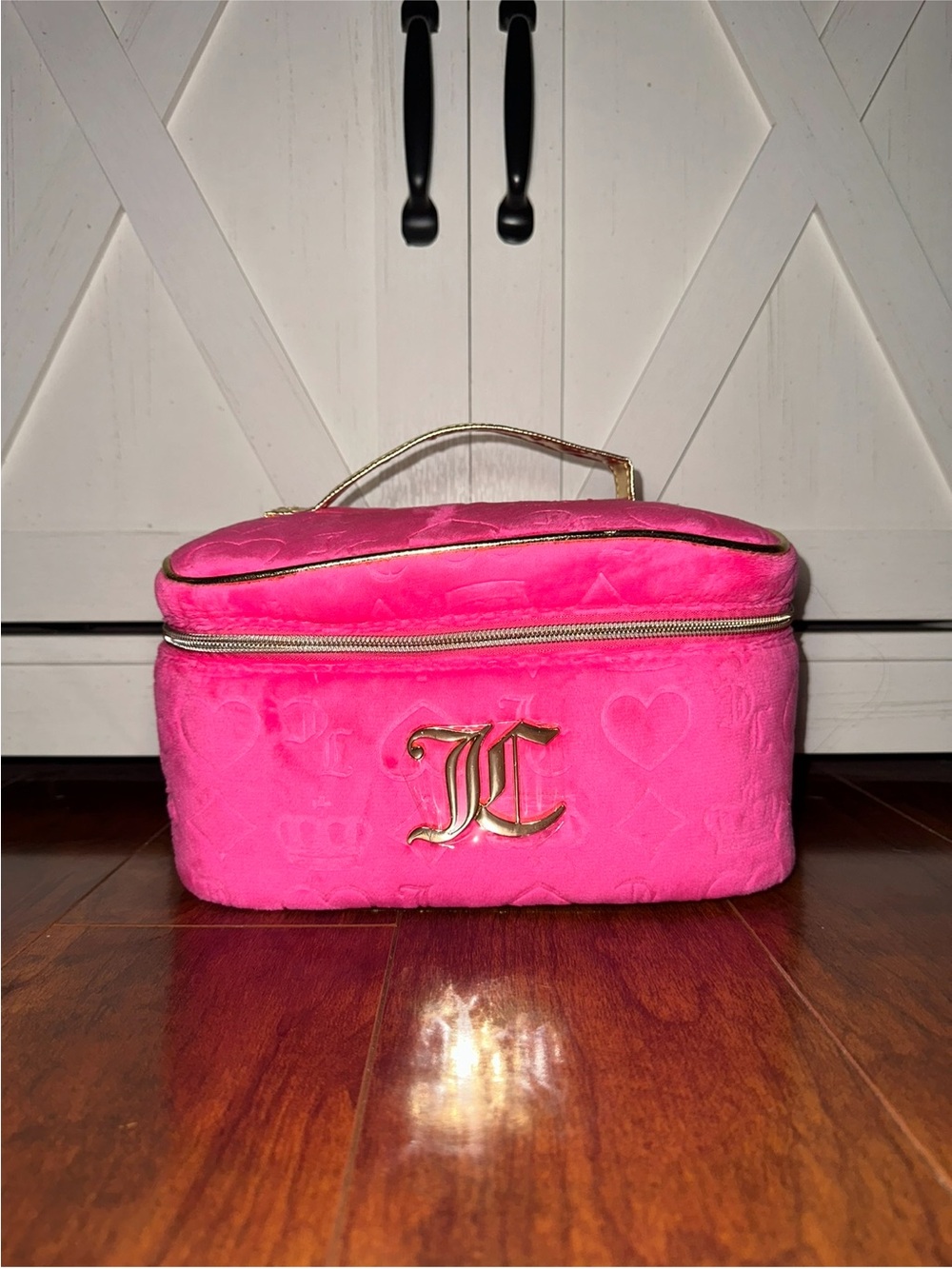 Juicy Couture Hot Pink Velour Quilted Cosmetic Case with Gold Trim